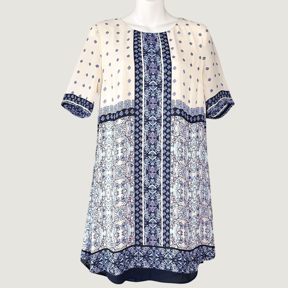 Daniel‎ Rainn Shift Dress Blue Mixed Geometric Floral Print Boho Career Small